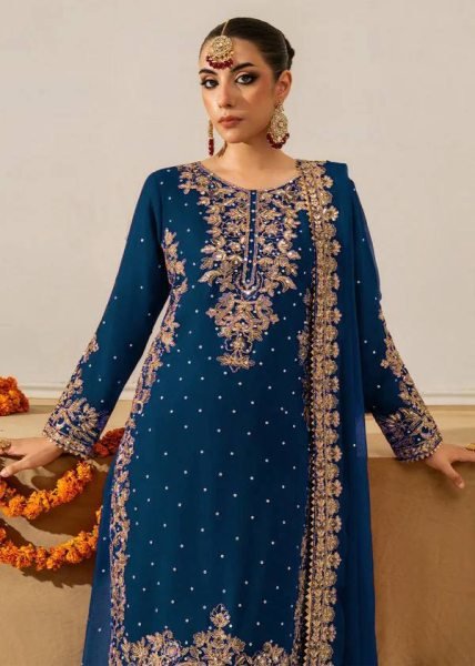 Ethereal Navy Blue Three Piece Roman Glass Kurti Set with Embroidered Dupatta Ready To Wear Collection