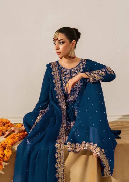 Ethereal Navy Blue Three Piece Roman Glass Kurti Set with Embroidered Dupatta Ready To Wear Collection
