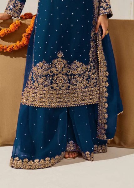 Ethereal Navy Blue Three Piece Roman Glass Kurti Set with Embroidered Dupatta Ready To Wear Collection