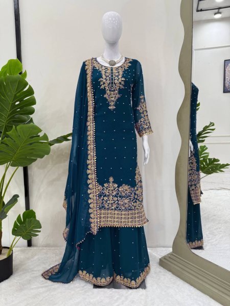 Ethereal Navy Blue Three Piece Roman Glass Kurti Set with Embroidered Dupatta Ready To Wear Collection
