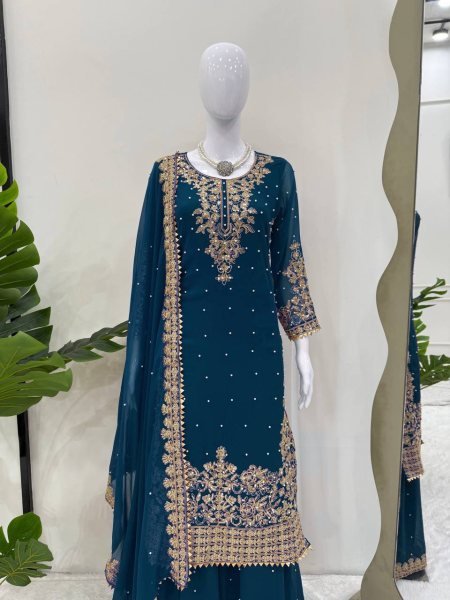 Ethereal Navy Blue Three Piece Roman Glass Kurti Set with Embroidered Dupatta Ready To Wear Collection