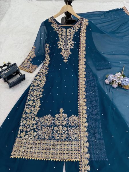 Ethereal Navy Blue Three Piece Roman Glass Kurti Set with Embroidered Dupatta Ready To Wear Collection