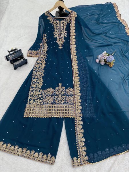 Ethereal Navy Blue Three Piece Roman Glass Kurti Set with Embroidered Dupatta Ready To Wear Collection