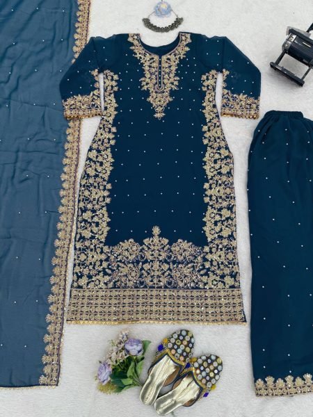 Ethereal Navy Blue Three Piece Roman Glass Kurti Set with Embroidered Dupatta Ready To Wear Collection