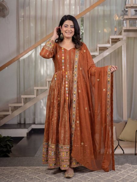 Ethereal Orange Faux Blooming Georgette Anarkali Suit with Embroidered Dupatta Ready To Wear Suit