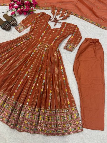 Ethereal Orange Faux Blooming Georgette Anarkali Suit with Embroidered Dupatta Ready To Wear Collection