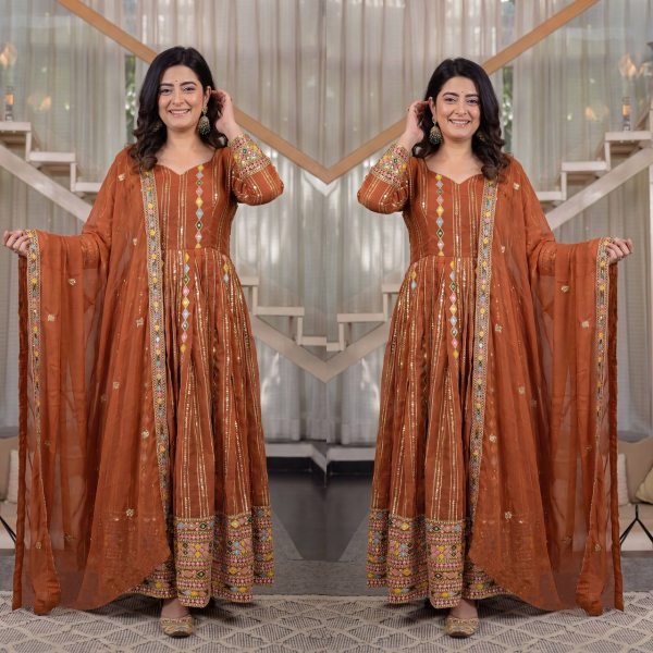 Ethereal Orange Faux Blooming Georgette Anarkali Suit with Embroidered Dupatta Ready To Wear Collection