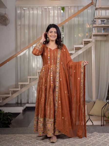 Ethereal Orange Faux Blooming Georgette Anarkali Suit with Embroidered Dupatta Ready To Wear Collection