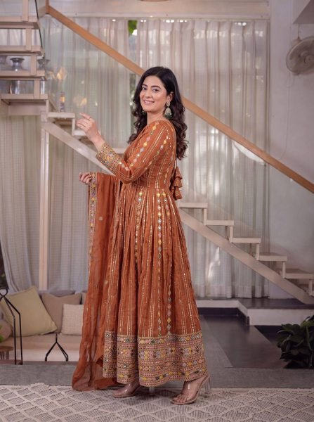 Ethereal Orange Faux Blooming Georgette Anarkali Suit with Embroidered Dupatta Ready To Wear Collection