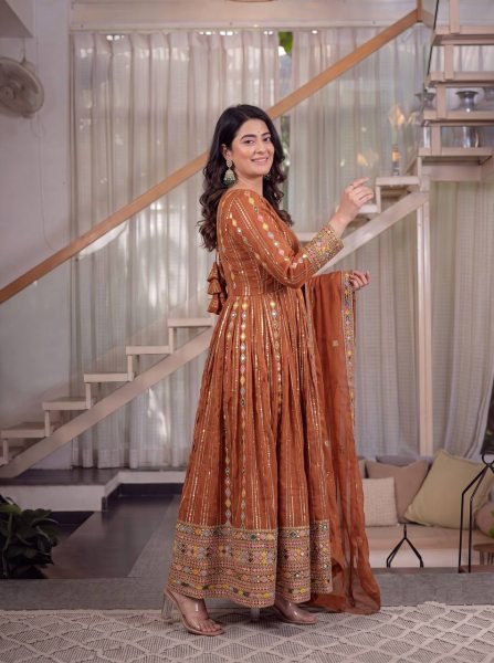 Ethereal Orange Faux Blooming Georgette Anarkali Suit with Embroidered Dupatta Ready To Wear Collection