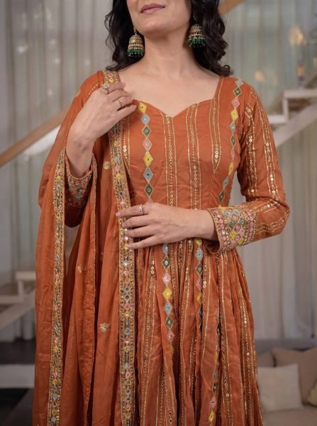 Ethereal Orange Faux Blooming Georgette Anarkali Suit with Embroidered Dupatta Ready To Wear Collection