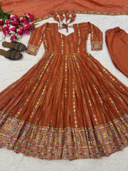 Ethereal Orange Faux Blooming Georgette Anarkali Suit with Embroidered Dupatta Ready To Wear Collection