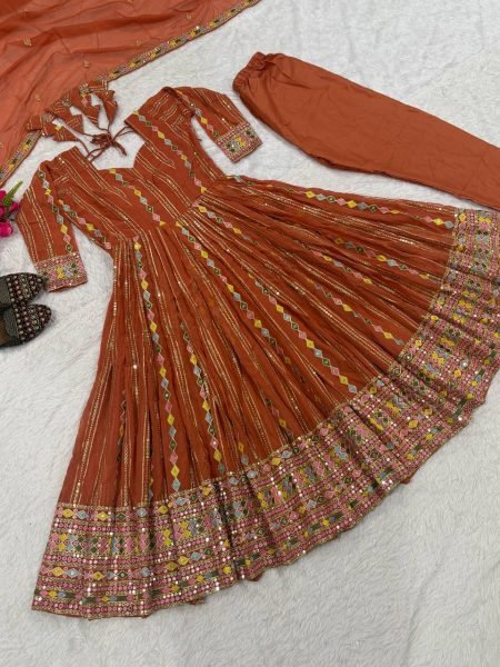 Ethereal Orange Faux Blooming Georgette Anarkali Suit with Embroidered Dupatta Ready To Wear Collection