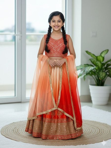 Ethereal Orange Lehenga Set with Butterfly Net Dupatta for Wedding Wear Kurtis