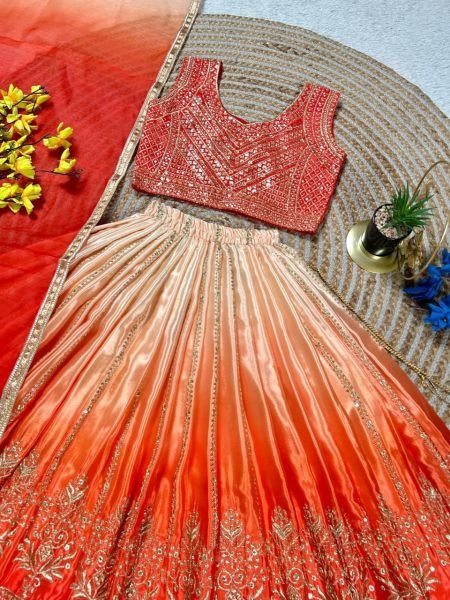 Ethereal Orange Lehenga Set with Butterfly Net Dupatta for Wedding Wear Girls Wear