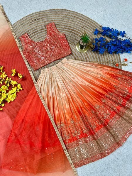 Ethereal Orange Lehenga Set with Butterfly Net Dupatta for Wedding Wear Girls Wear