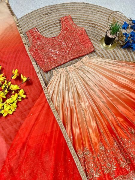 Ethereal Orange Lehenga Set with Butterfly Net Dupatta for Wedding Wear Girls Wear