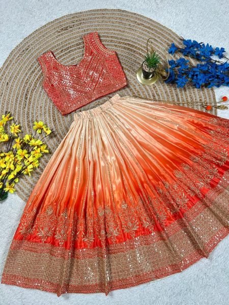 Ethereal Orange Lehenga Set with Butterfly Net Dupatta for Wedding Wear Girls Wear