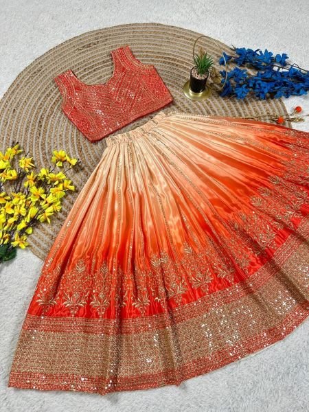Ethereal Orange Lehenga Set with Butterfly Net Dupatta for Wedding Wear Girls Wear