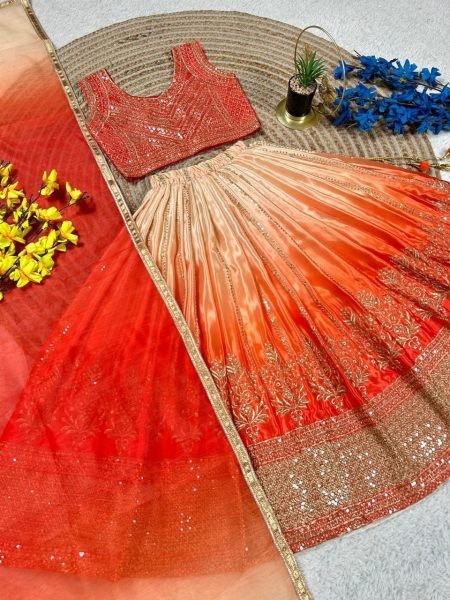 Ethereal Orange Lehenga Set with Butterfly Net Dupatta for Wedding Wear Girls Wear