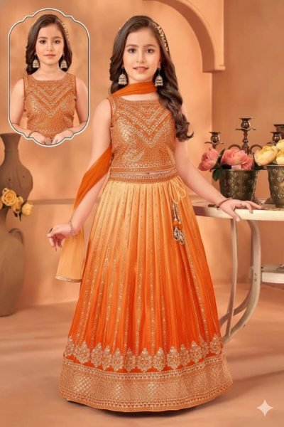 Ethereal Orange Lehenga Set with Butterfly Net Dupatta for Wedding Wear Girls Wear