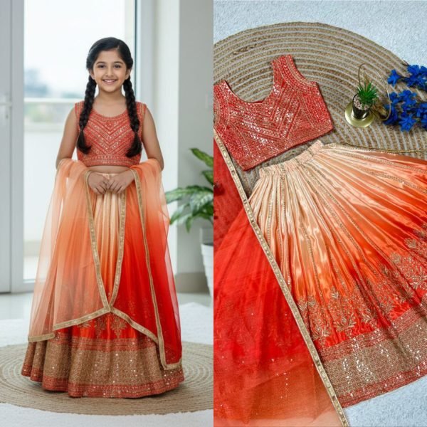Ethereal Orange Lehenga Set with Butterfly Net Dupatta for Wedding Wear Girls Wear