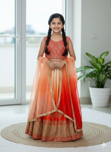 Ethereal Orange Lehenga Set with Butterfly Net Dupatta for Wedding Wear Girls Wear