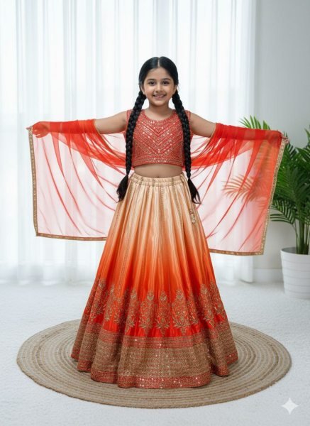 Ethereal Orange Lehenga Set with Butterfly Net Dupatta for Wedding Wear Girls Wear