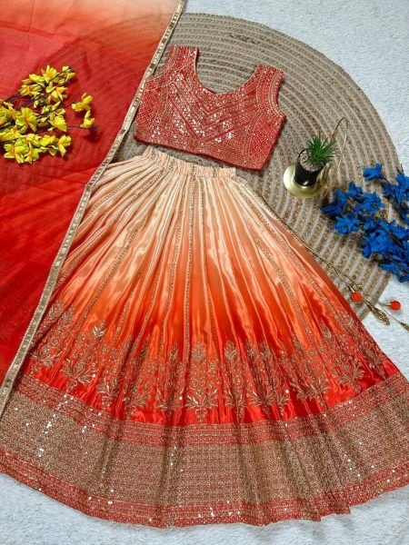 Ethereal Orange Lehenga Set with Butterfly Net Dupatta for Wedding Wear Girls Wear