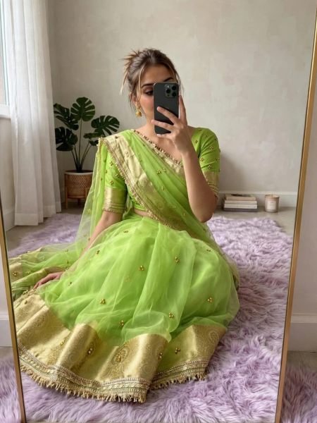 Ethereal Parrot Green Organza Silk Ghungroo Saree with Embroidery Lace Work for Wedding Sarees 