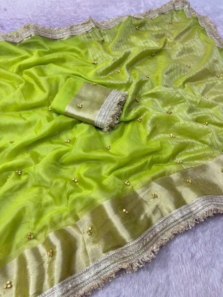 Ethereal Parrot Green Organza Silk Ghungroo Saree with Embroidery Lace Work for Wedding Silk Sarees Wholesale