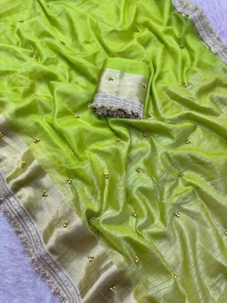 Ethereal Parrot Green Organza Silk Ghungroo Saree with Embroidery Lace Work for Wedding Silk Sarees Wholesale