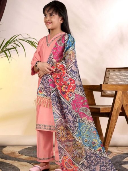 Ethereal Peach Girls Ethnic Suit Set with Roman Kurti, Pant and Chanderi Dupatta Kurtis