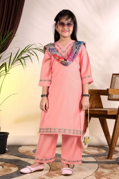 Ethereal Peach Girls Ethnic Suit Set with Roman Kurti, Pant and Chanderi Dupatta Girls Wear