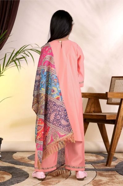 Ethereal Peach Girls Ethnic Suit Set with Roman Kurti, Pant and Chanderi Dupatta Girls Wear