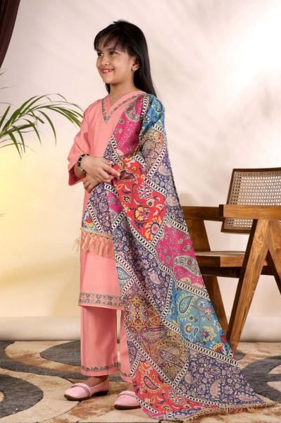 Ethereal Peach Girls Ethnic Suit Set with Roman Kurti, Pant and Chanderi Dupatta Girls Wear