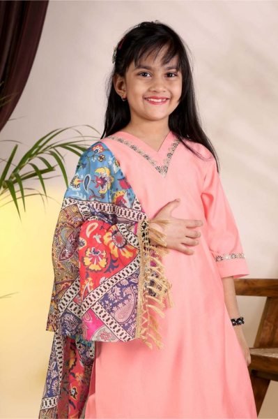Ethereal Peach Girls Ethnic Suit Set with Roman Kurti, Pant and Chanderi Dupatta Girls Wear