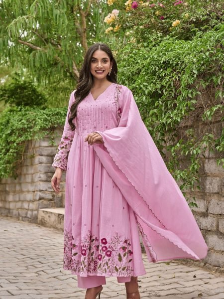 Ethereal Pink Chanderi Silk Kurta Pant Dupatta Set with Handwork Embroidery Kurtis