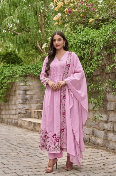 Ethereal Pink Chanderi Silk Kurta Pant Dupatta Set with Handwork Embroidery Anarkali Kurtis 