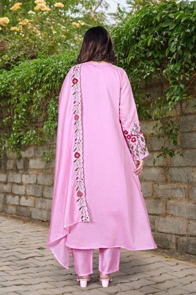 Ethereal Pink Chanderi Silk Kurta Pant Dupatta Set with Handwork Embroidery Anarkali Kurtis 