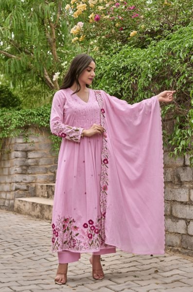 Ethereal Pink Chanderi Silk Kurta Pant Dupatta Set with Handwork Embroidery Anarkali Kurtis 