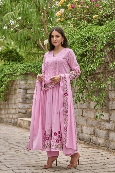 Ethereal Pink Chanderi Silk Kurta Pant Dupatta Set with Handwork Embroidery Anarkali Kurtis 