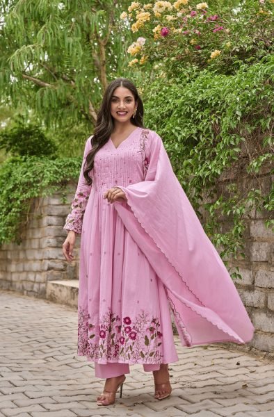 Ethereal Pink Chanderi Silk Kurta Pant Dupatta Set with Handwork Embroidery Anarkali Kurtis 