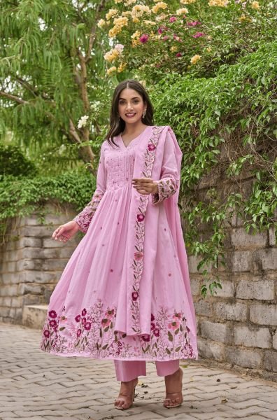 Ethereal Pink Chanderi Silk Kurta Pant Dupatta Set with Handwork Embroidery Anarkali Kurtis 