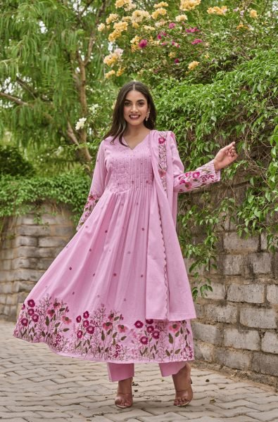 Ethereal Pink Chanderi Silk Kurta Pant Dupatta Set with Handwork Embroidery Anarkali Kurtis 