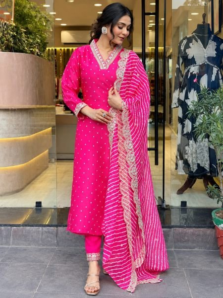 Ethereal Pink Heavy Chinon Silk Digital Print Kurti Pant Dupatta Set For Festival Kurtis