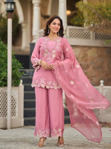 Ethereal Pink Heavy Natural Satin Sharara Suit with Embroidered Dupatta for Women  