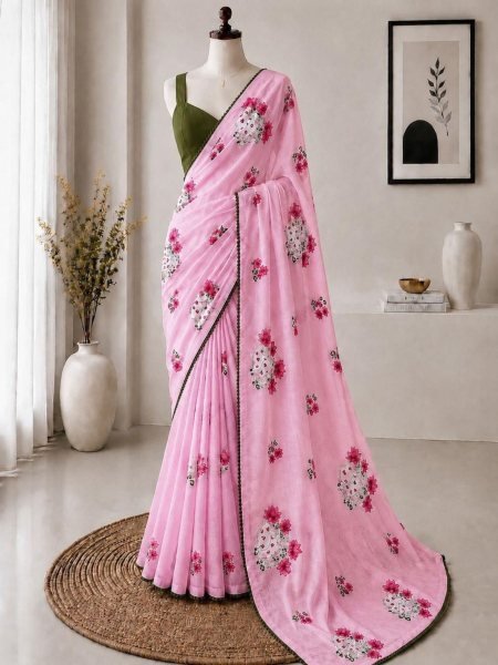 Ethereal Pink Kota Checks Saree with Multicolor Embroidery Work and Banglori Blouse Sarees 