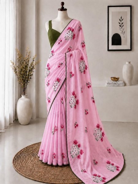 Ethereal Pink Kota Checks Saree with Multicolor Embroidery Work and Banglori Blouse Embroidery Sarees Wholesale