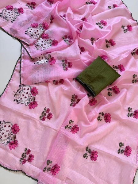 Ethereal Pink Kota Checks Saree with Multicolor Embroidery Work and Banglori Blouse Embroidery Sarees Wholesale